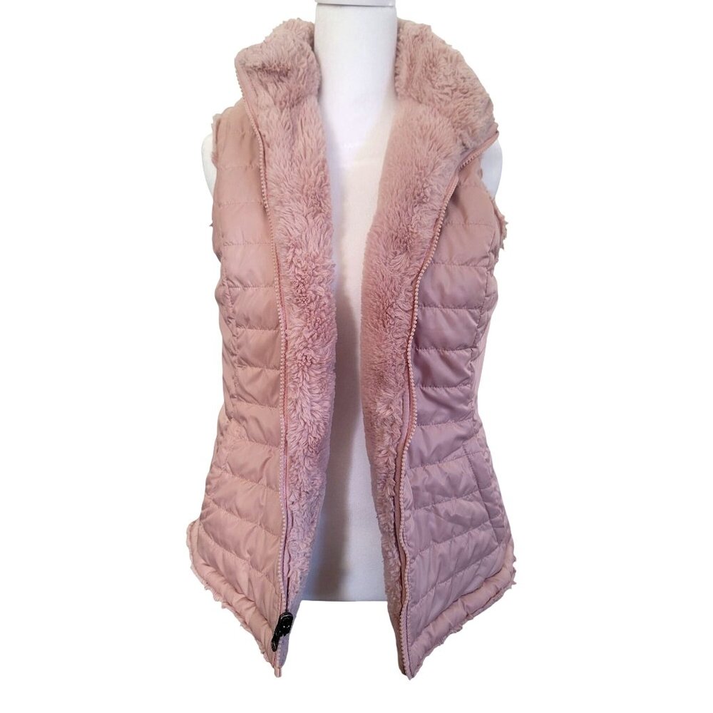 Nicole Miller Women's S Reversible Zip up Pink Faux Fur & Quilted Fitted Vest